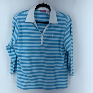 Cappagallo‎ Medium Johnny Collar Rugby Shirt Y2K Blue Stripes Preppy Casual